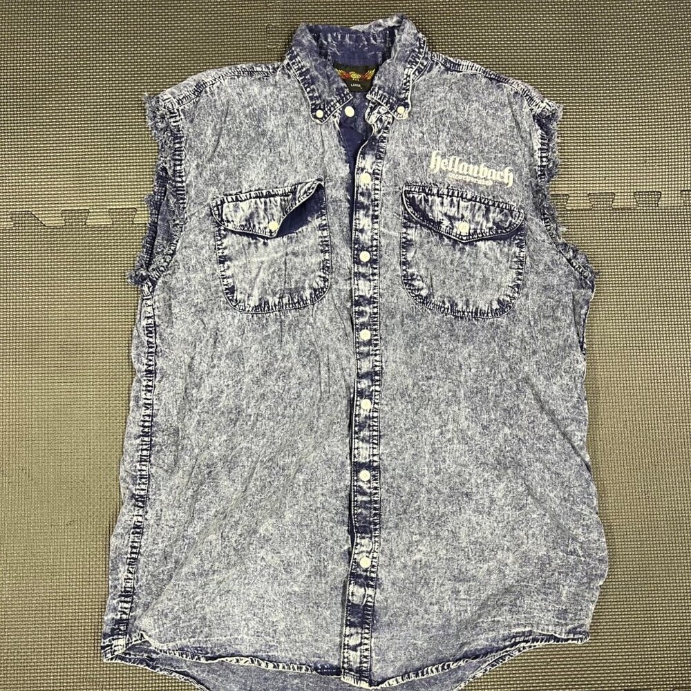 Hellanbach Denim Sleeveless Acid Wash Button-Up Shirt L Mens